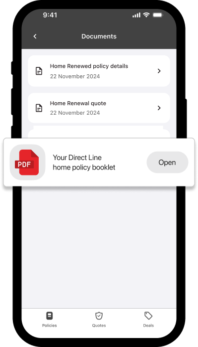 Directline app home policy documents screen